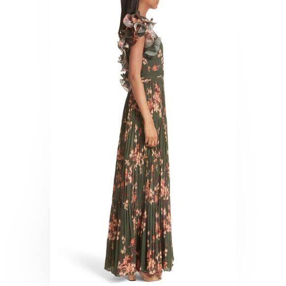 Johanna Ortiz Renaissance Forest Green Floral Print Ruffle Silk Maxi Gown 2 - Picture 3 of 15